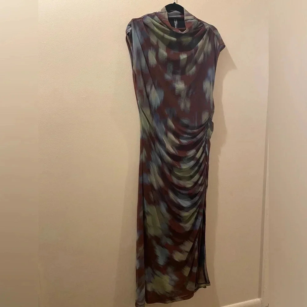 Anthropologie maxi dress - 1X - abstract print- high neck - rouging -cap sleeve.